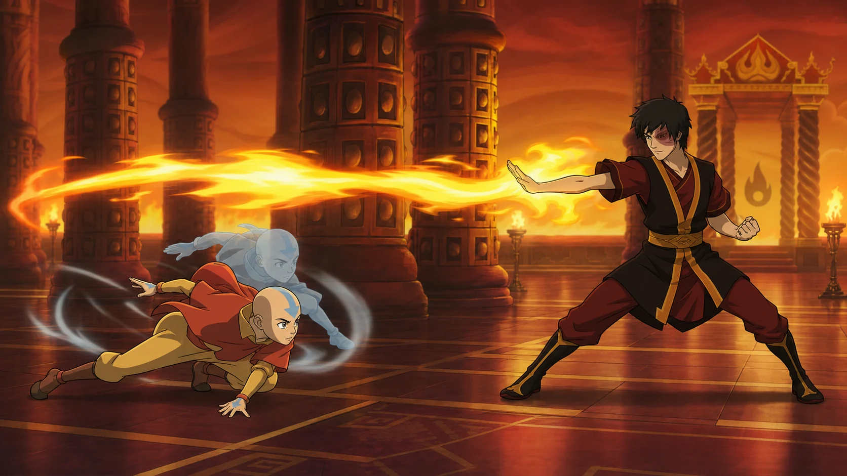 Fan editorial illustration of Aang using Flow movement to evade Zuko's fire attack