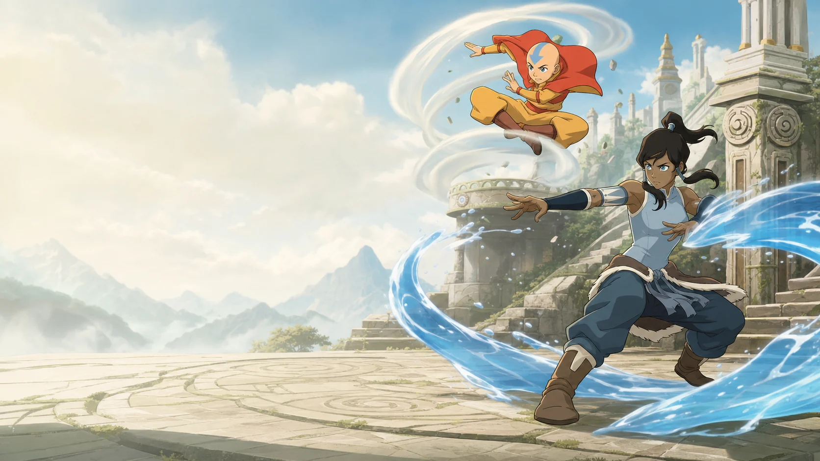 Fan editorial illustration of Aang and Korra bending air and water on an Air Temple terrace