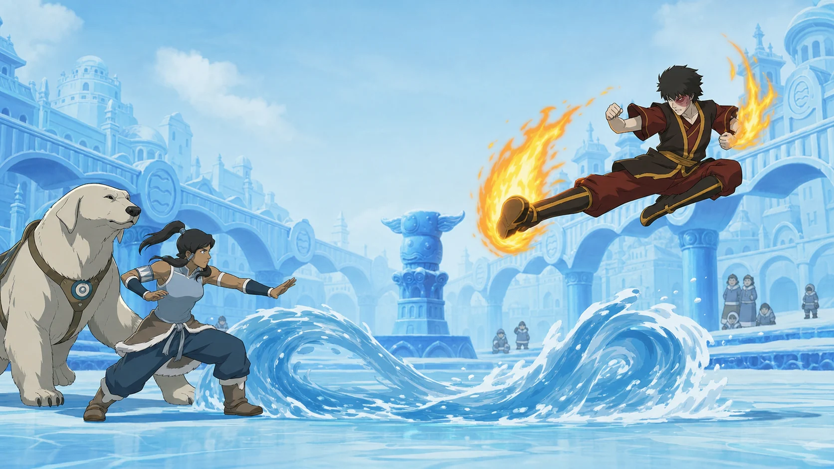 Fan editorial arena scene of Korra and Naga facing Zuko in the Northern Water Tribe