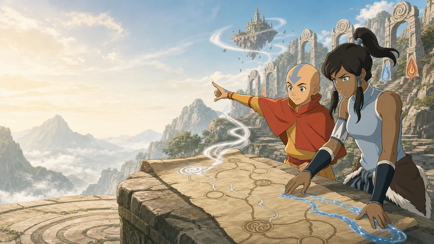 Fan editorial illustration of Aang and Korra tracing elemental routes across a parchment map at an Air Temple
