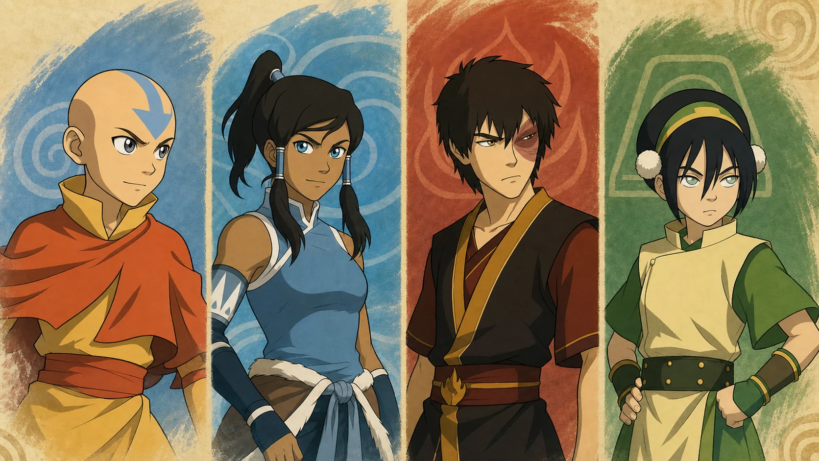 Fan editorial illustration of Aang, Korra, Zuko, and Toph arranged like a character-select roster
