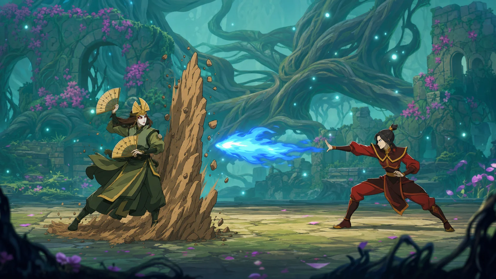 Fan editorial side-view fight between Avatar Kyoshi and Azula in the Spirit Wilds