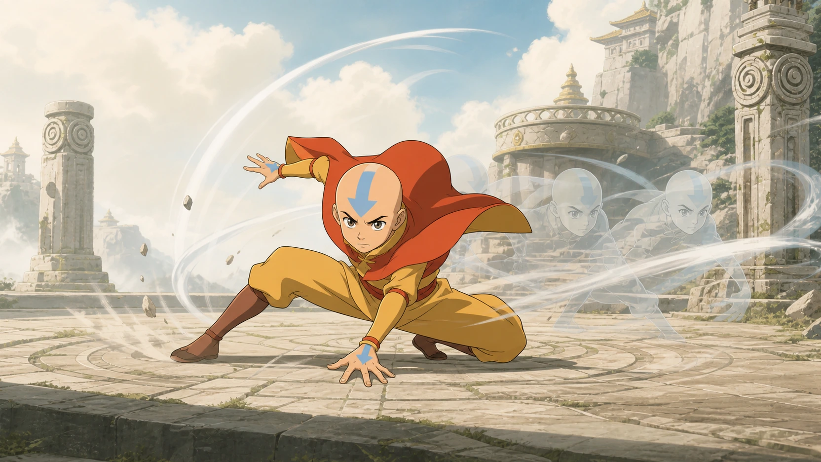 Fan editorial illustration of Aang performing a low Flow evade in an Air Temple training arena