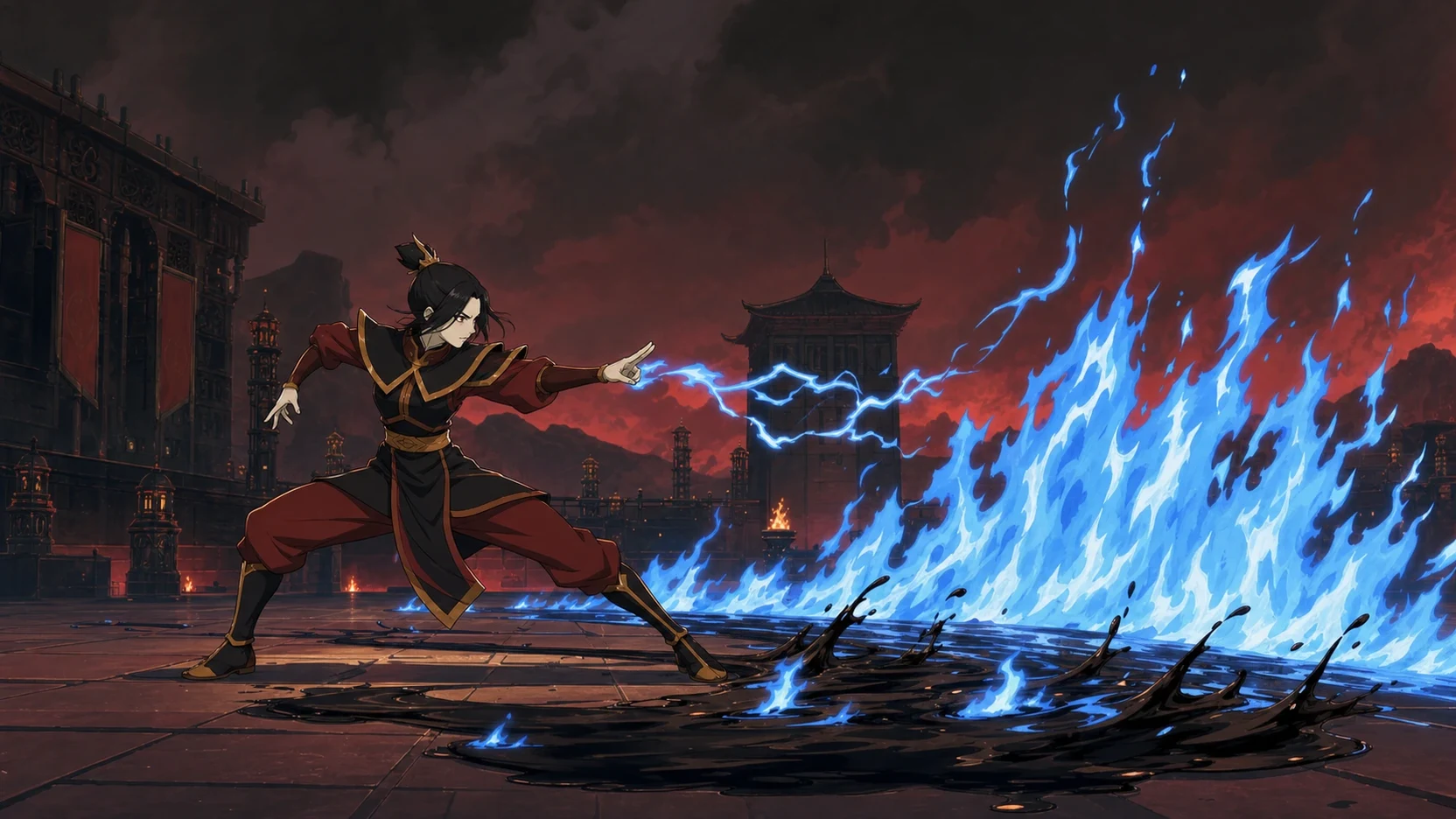 Fan editorial illustration of Azula controlling blue fire beside a burning oil trap