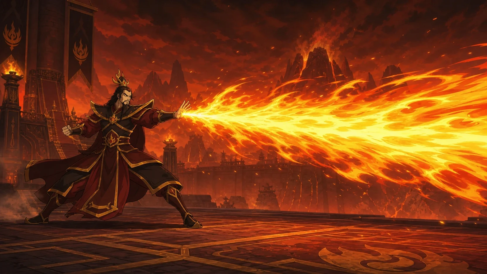 Fan editorial illustration of Fire Lord Ozai projecting a broad wall of fire across a throne-room arena