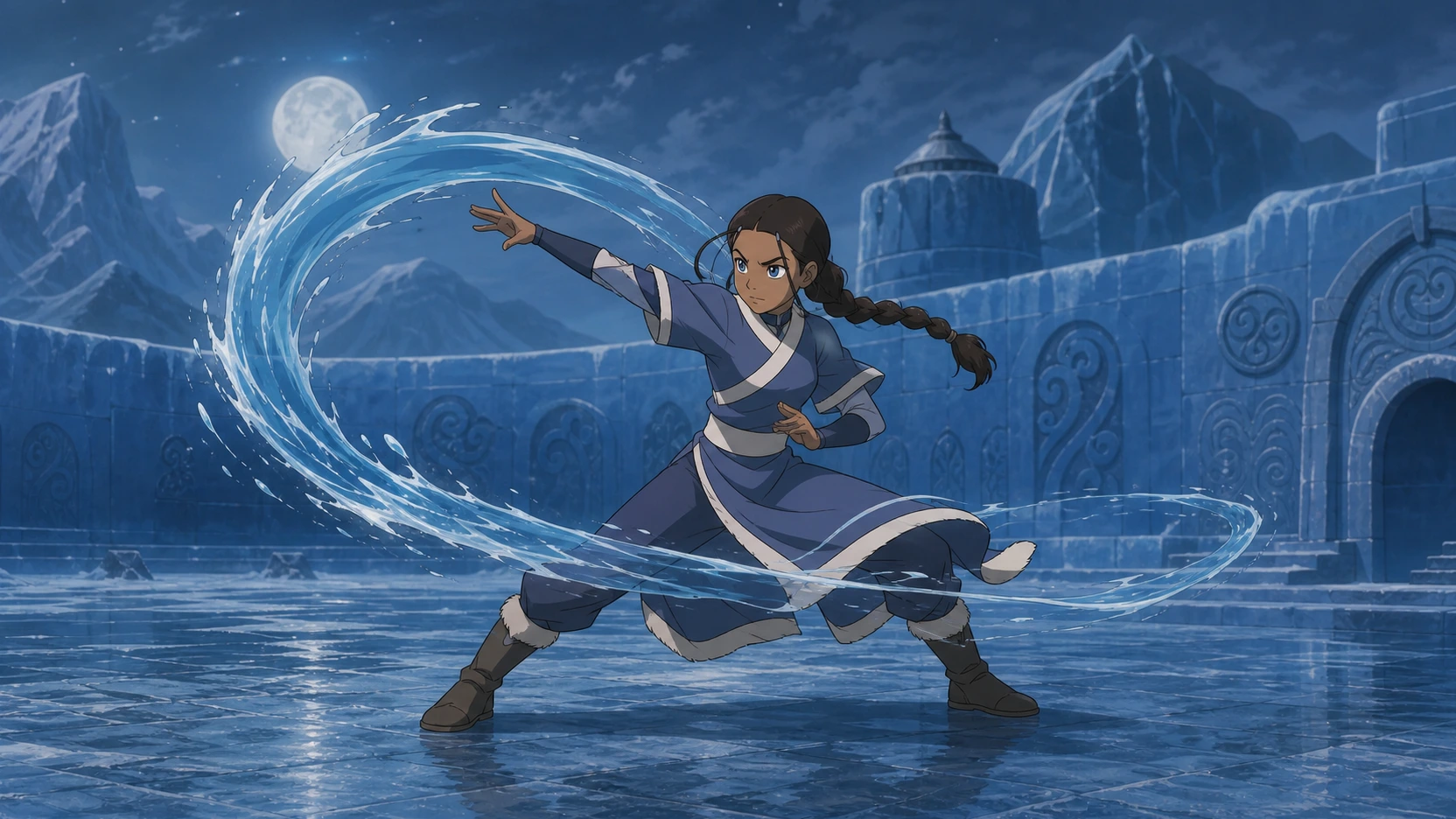 Fan editorial illustration of Katara controlling midrange with a crescent water whip