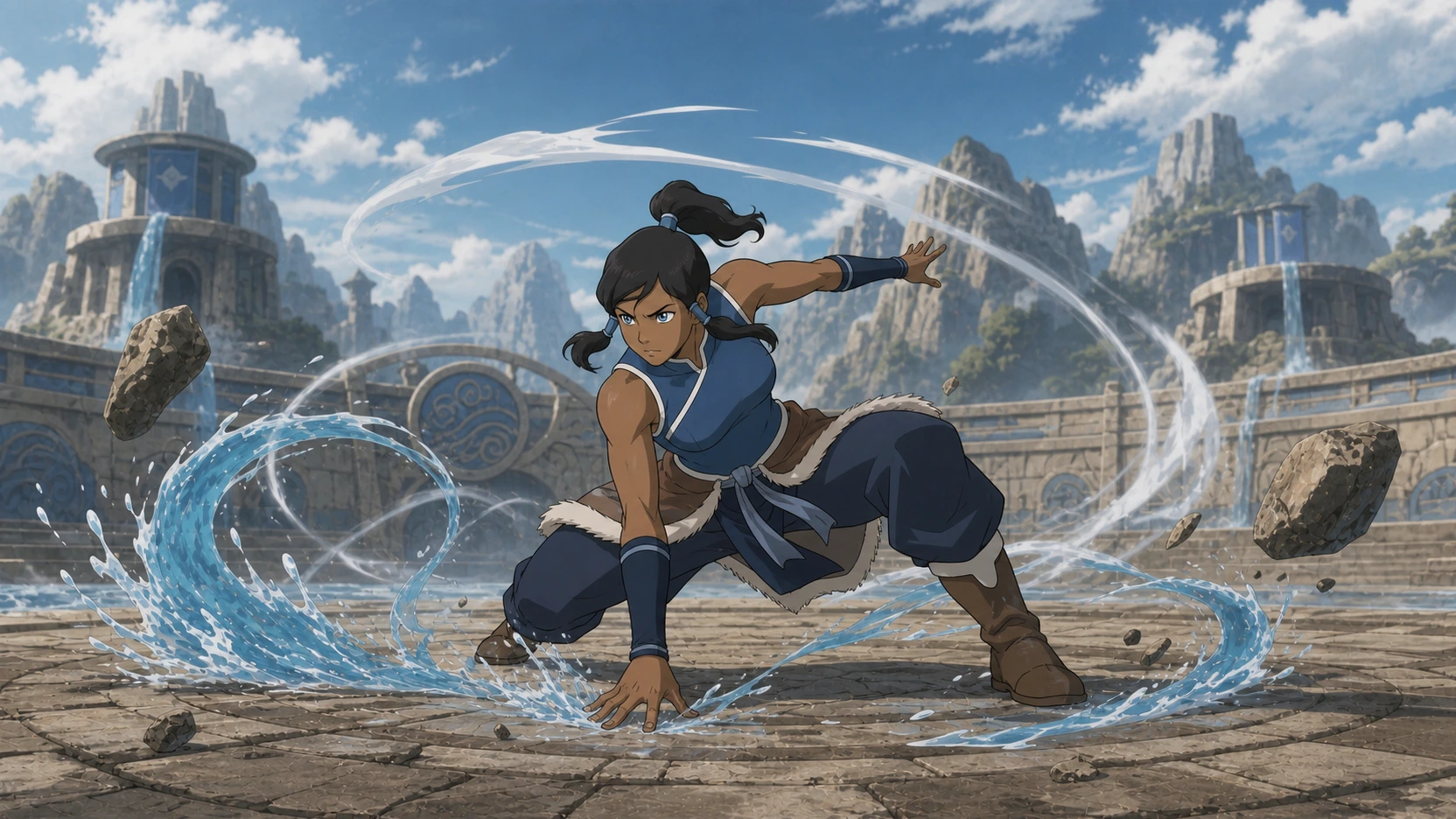 Fan editorial illustration of Korra completing an aerial somersault with water and air trails
