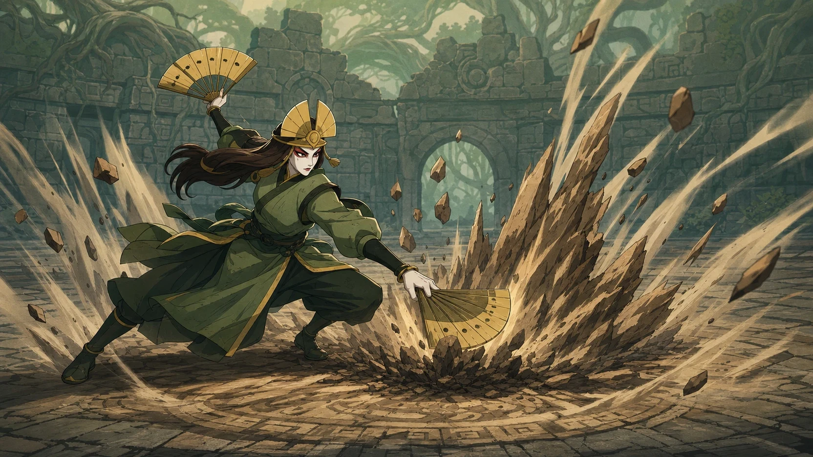 Fan editorial illustration of Avatar Kyoshi using metal fans as an earth shockwave breaks the arena floor