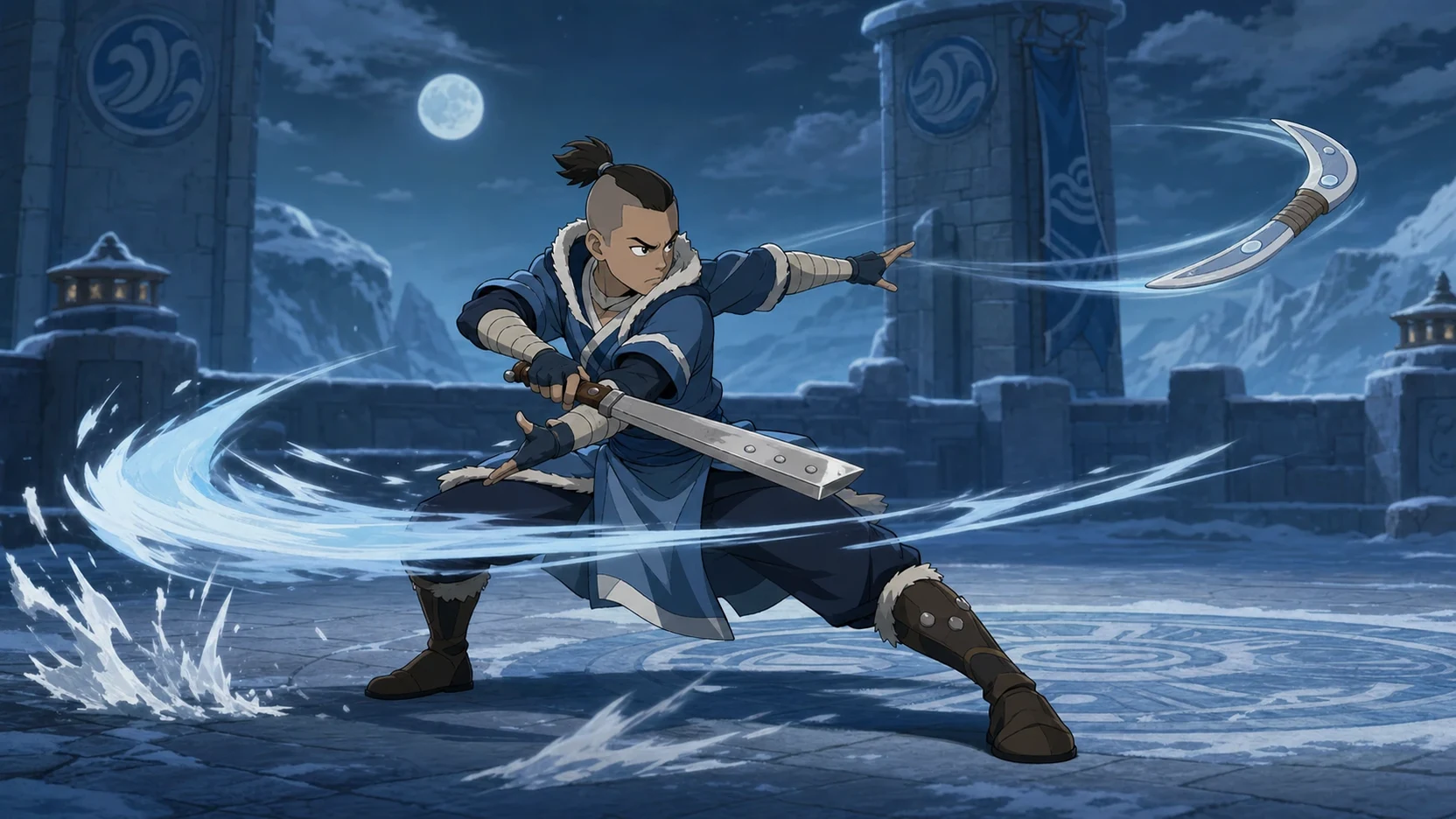 Fan editorial illustration of Sokka moving beneath the return path of his boomerang
