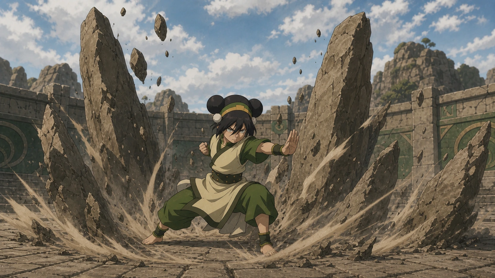 Fan editorial illustration of Toph striking a grounded stance as a stone pillar rises