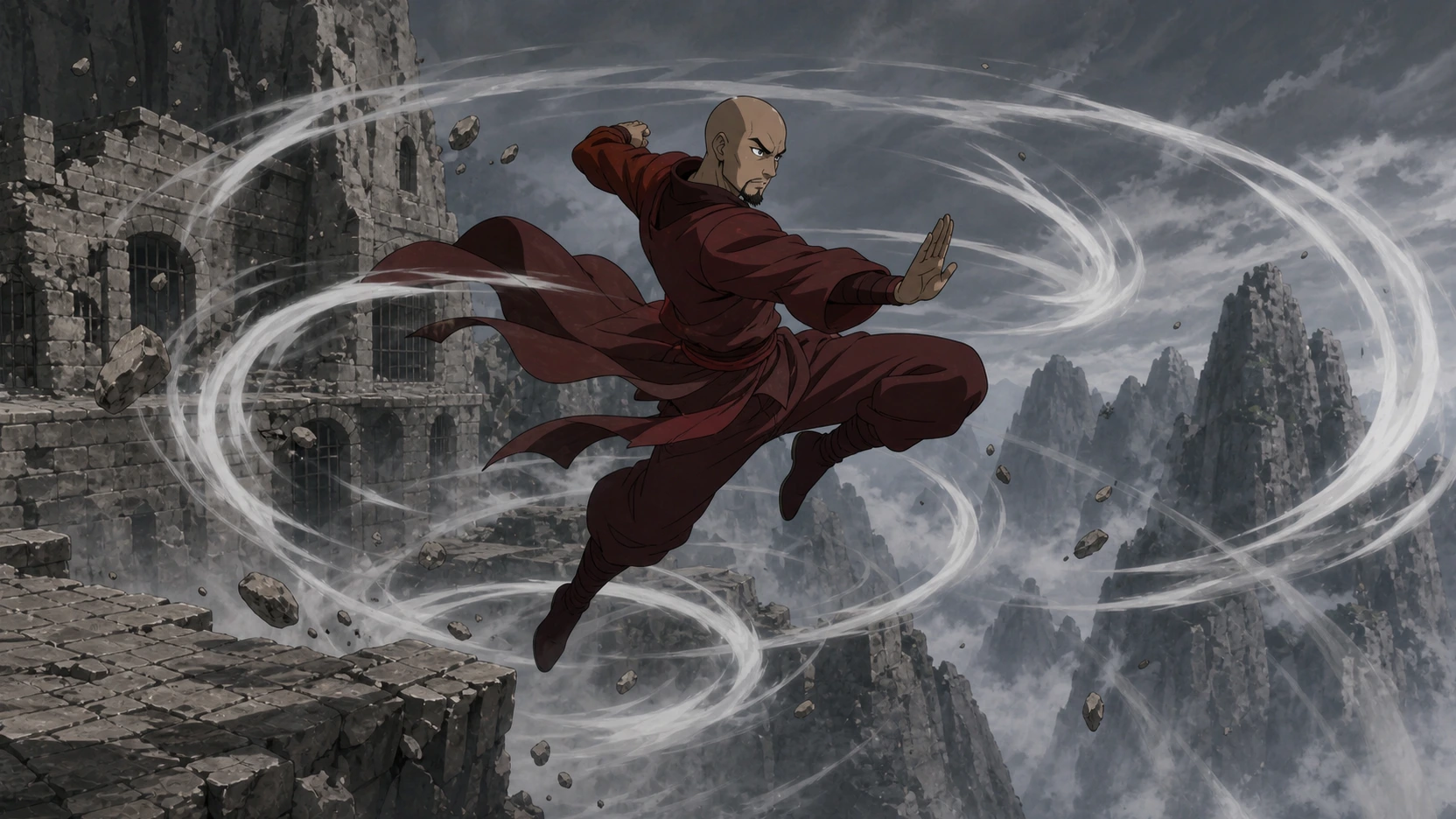 Fan editorial illustration of Zaheer changing direction in midair with a tight spiral of wind