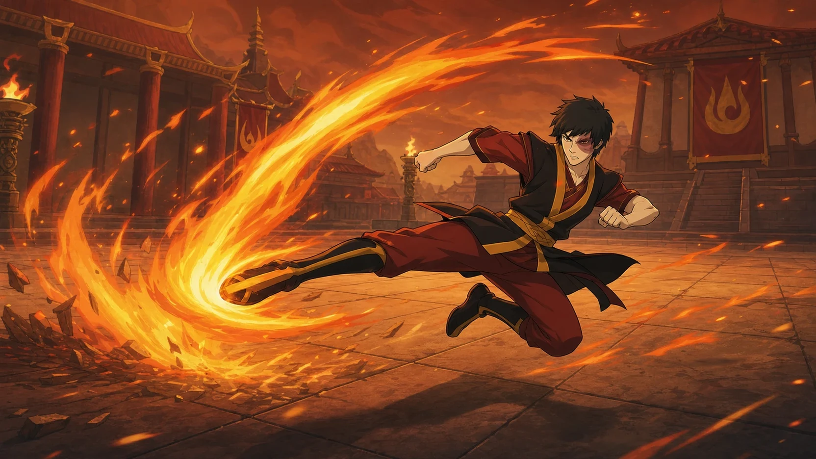Fan editorial illustration of Zuko descending with a fire-trailing divekick