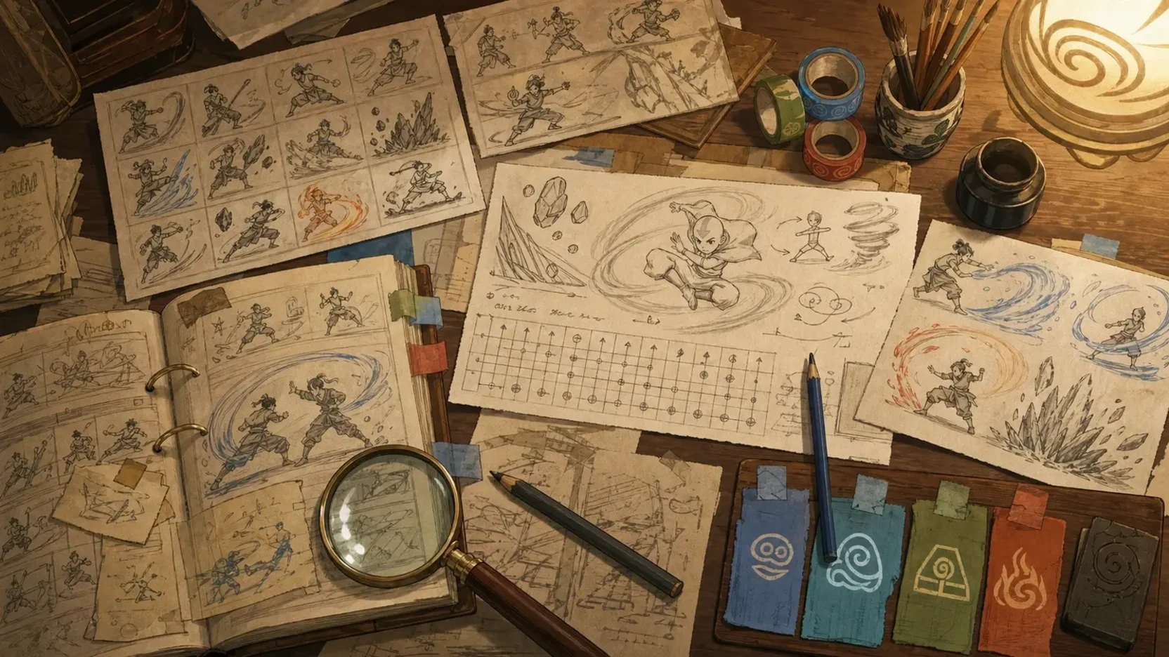 Fan editorial research desk with hand-drawn fight frames, a frame-data grid, pencils, and four-element color tabs