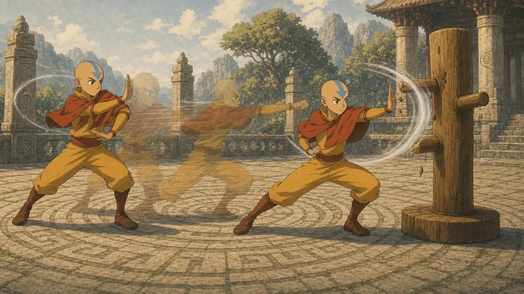 Fan editorial illustration of Aang practicing defense, a clean counterattack, and landing recovery against a training dummy