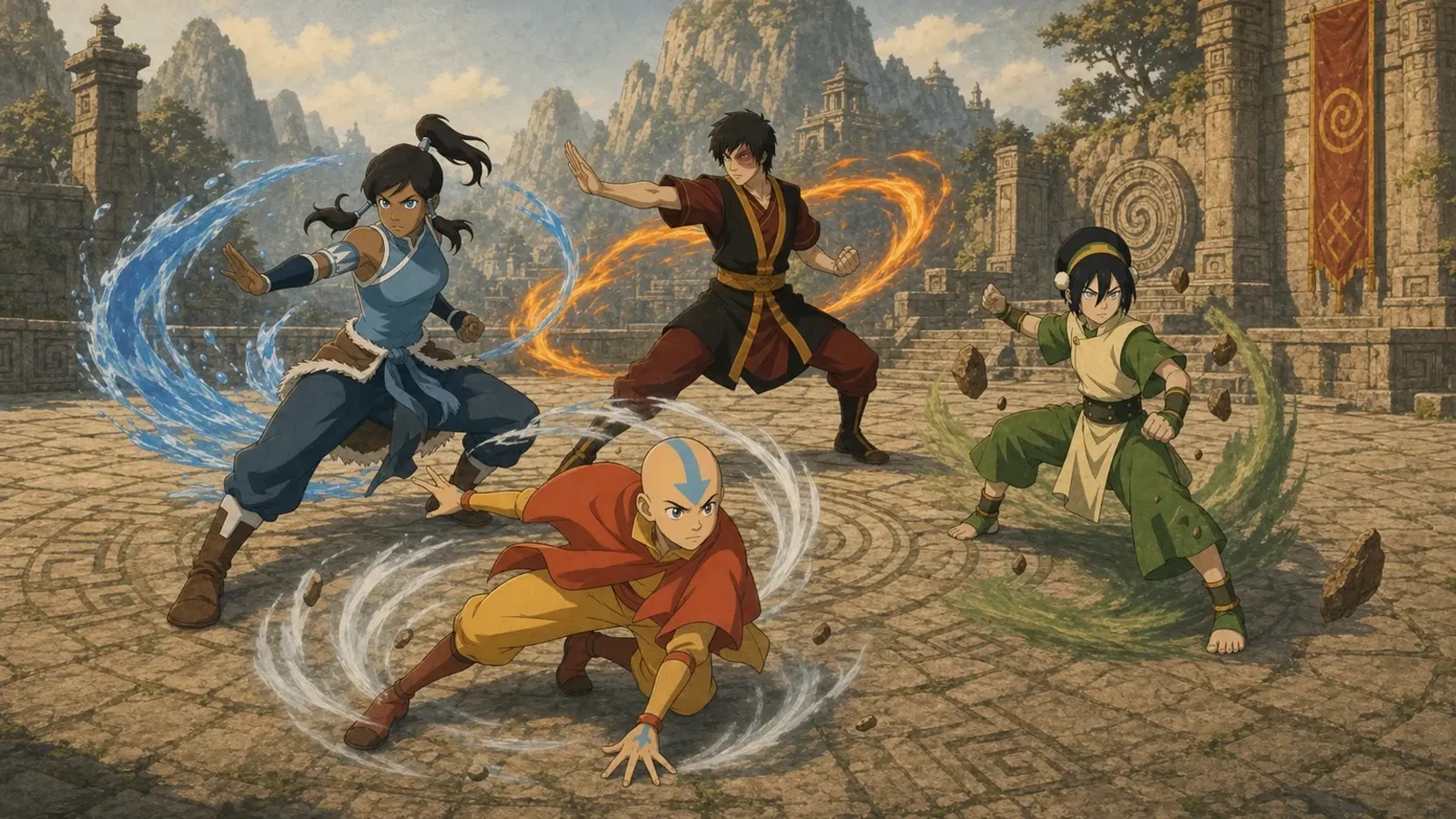 Fan editorial roster study of Aang, Korra, Zuko, and Toph in distinct fighting poses