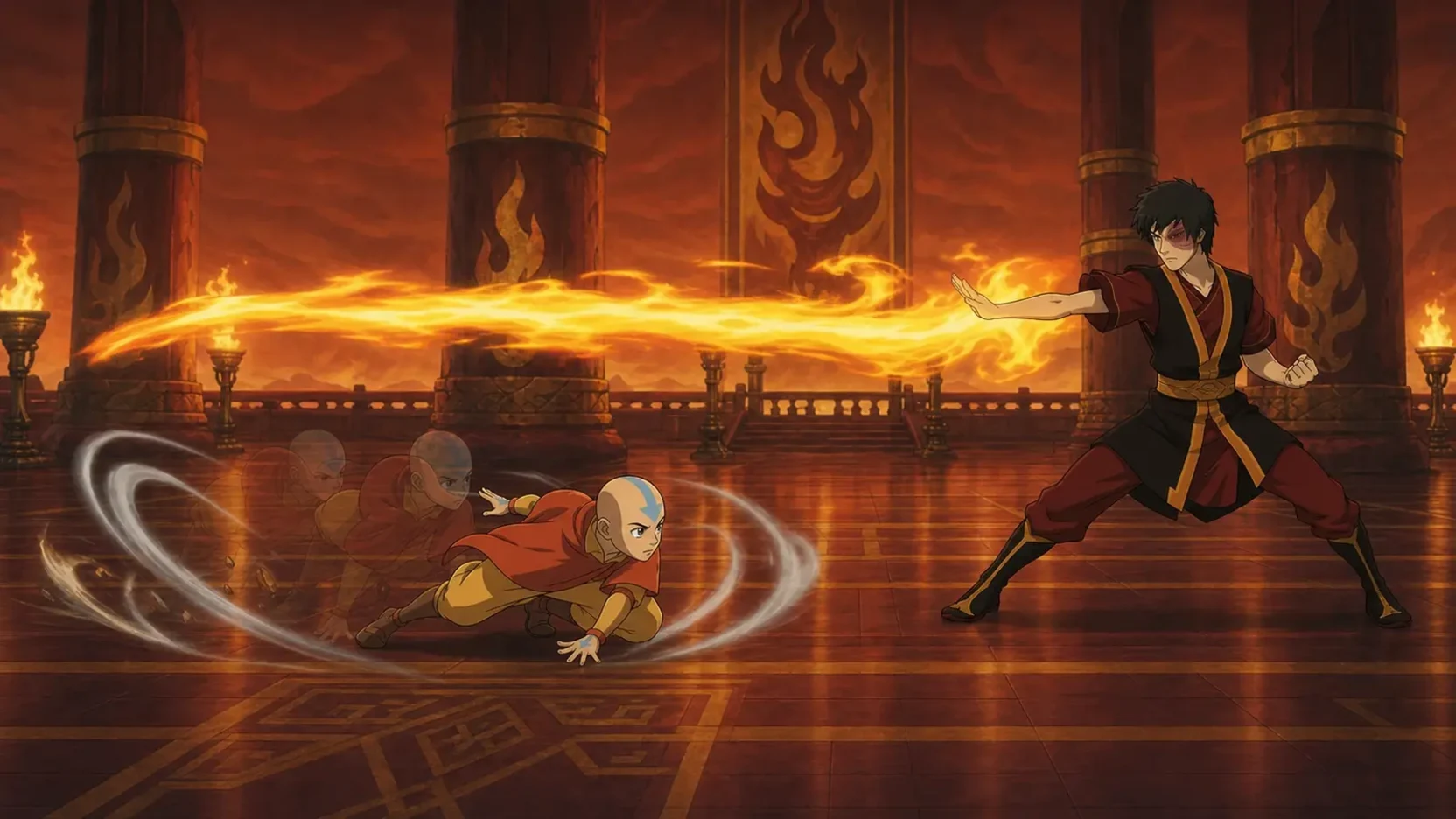 Fan editorial side-view scene of Aang using Flow to evade beneath Zuko's fire attack