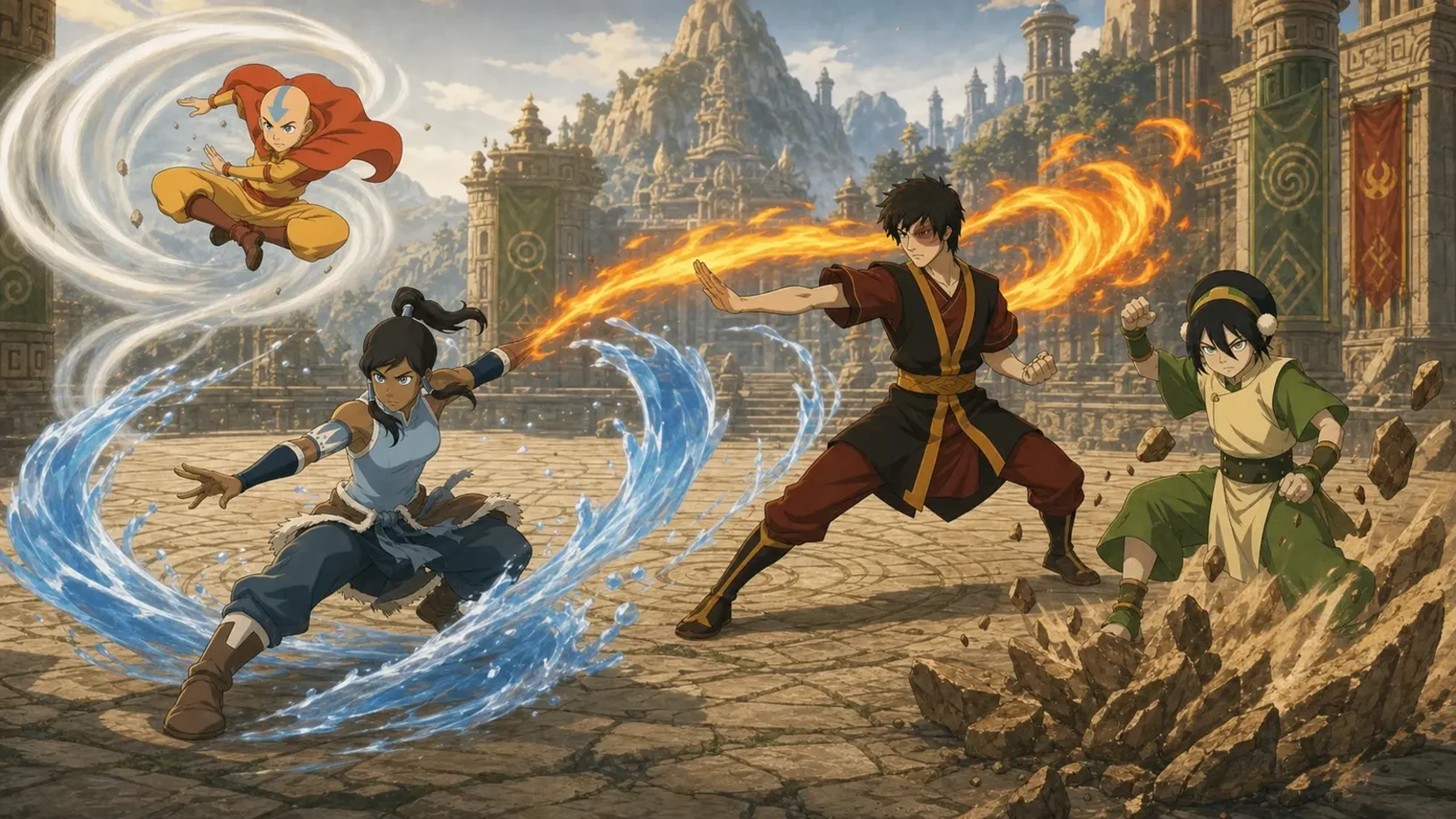 Fan editorial training scene with Aang, Korra, Zuko, and Toph demonstrating four distinct combat identities