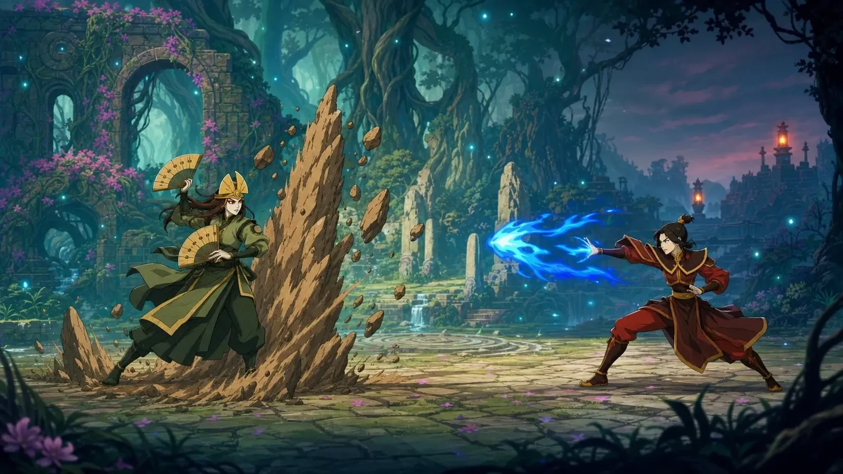 Fan editorial fight between Kyoshi and Azula in the Spirit Wilds with stage zones suggesting story, training, and online play