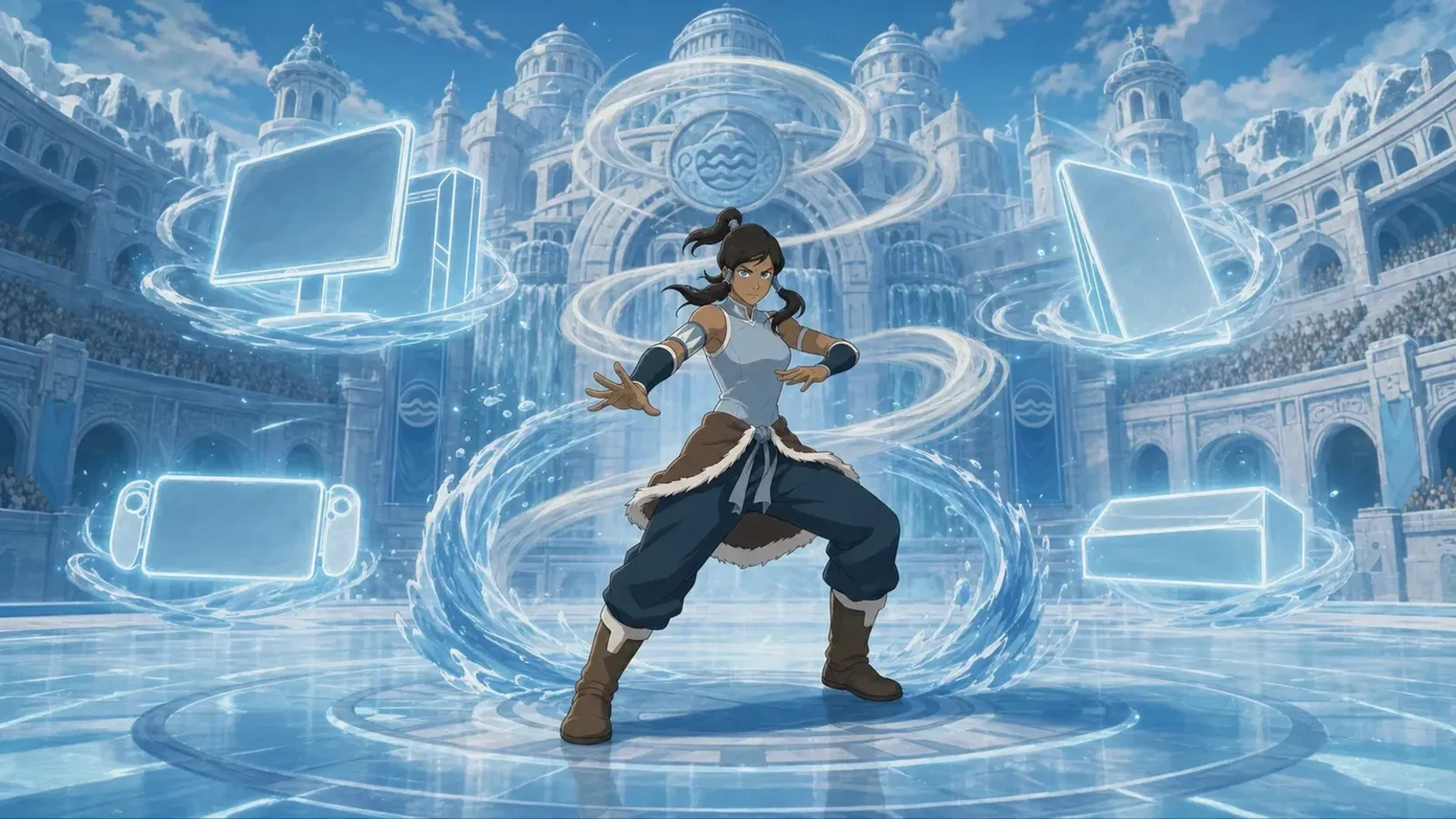 Fan editorial illustration of Korra in a Northern Water Tribe arena surrounded by abstract hardware frames
